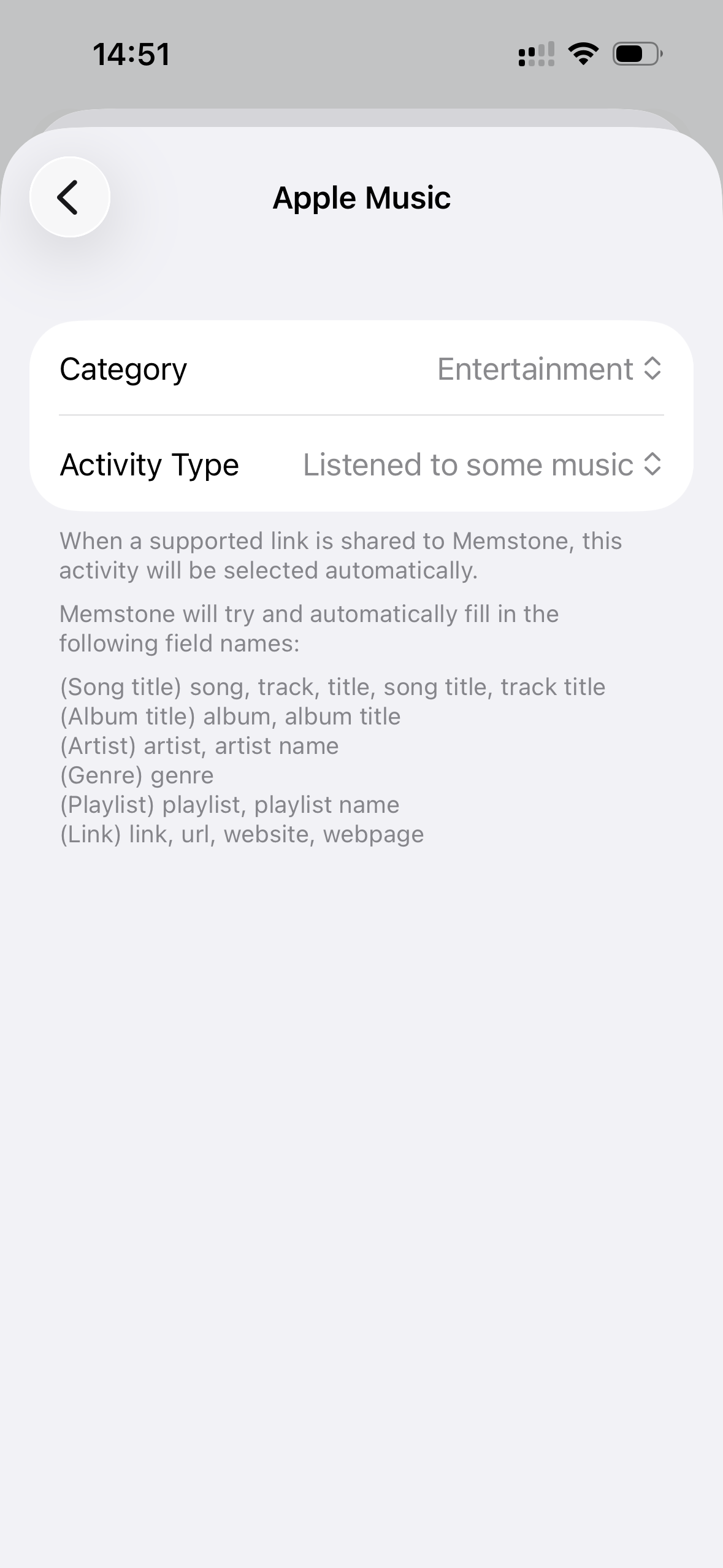 Screenshot: Share settings showing Apple Music configuration
