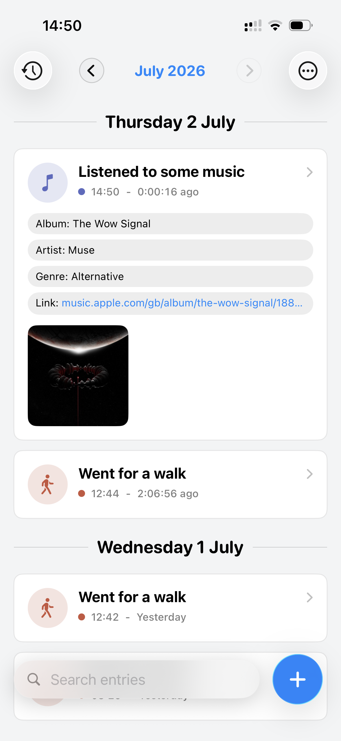 Screenshot: Album entry in the timeline