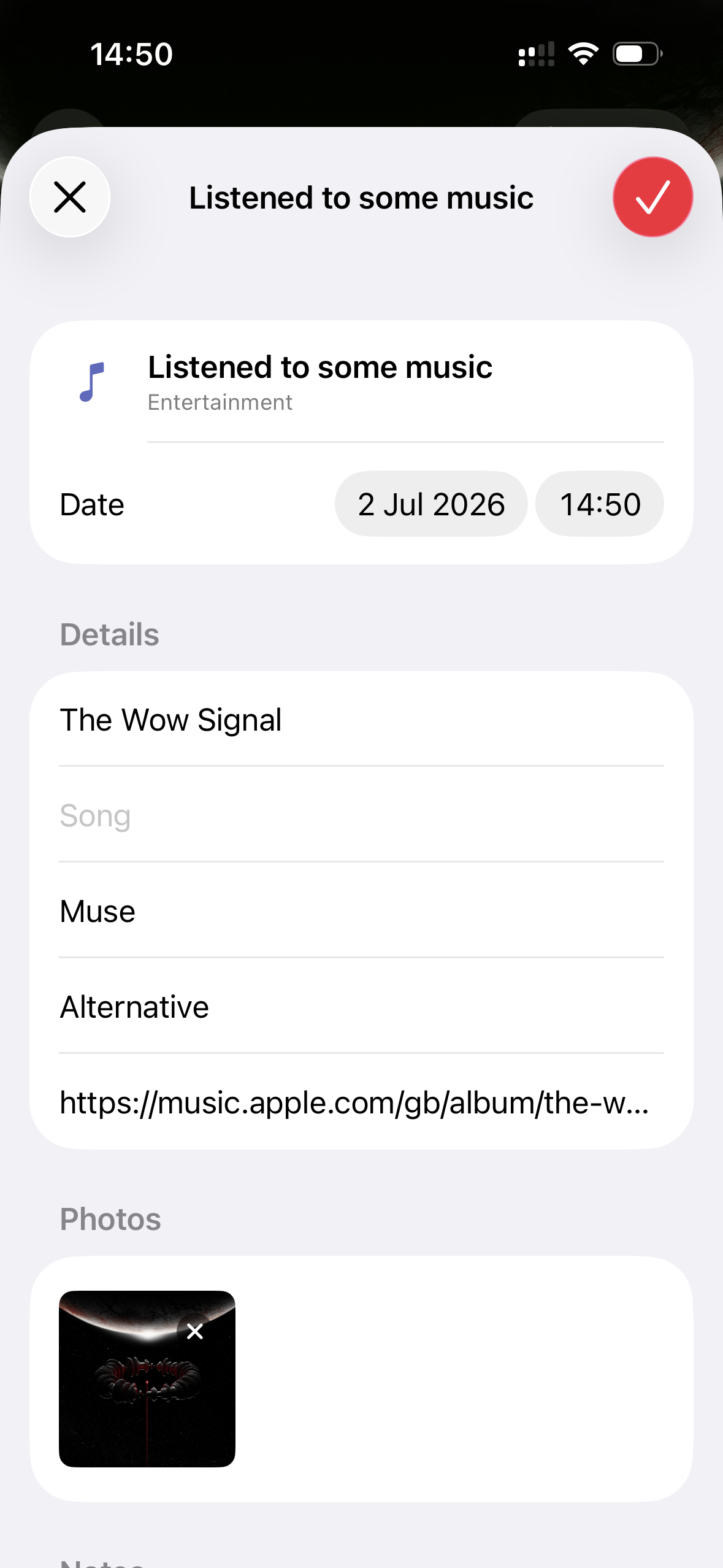 Screenshot: Share Extension with album details populated