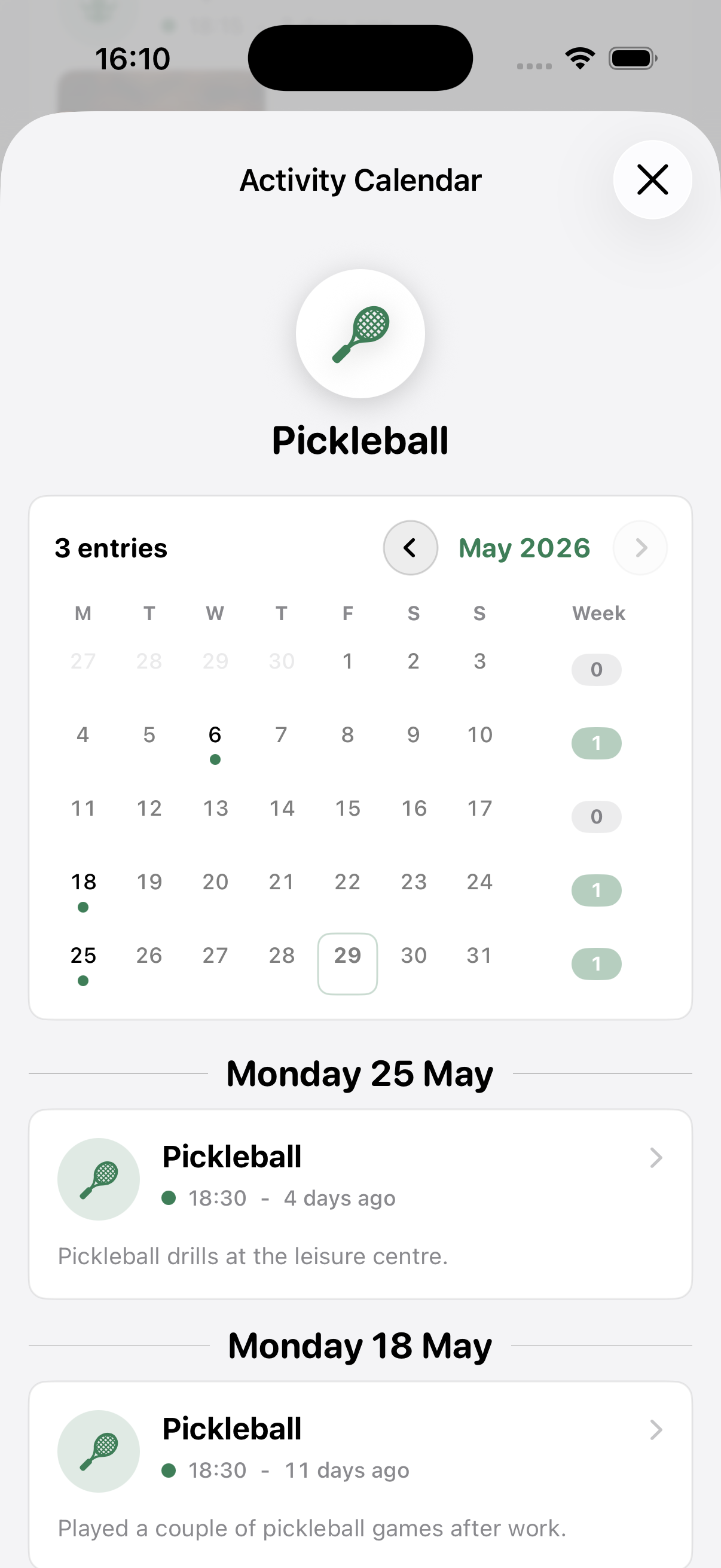 Memstone activity calendar showing entries for a board game