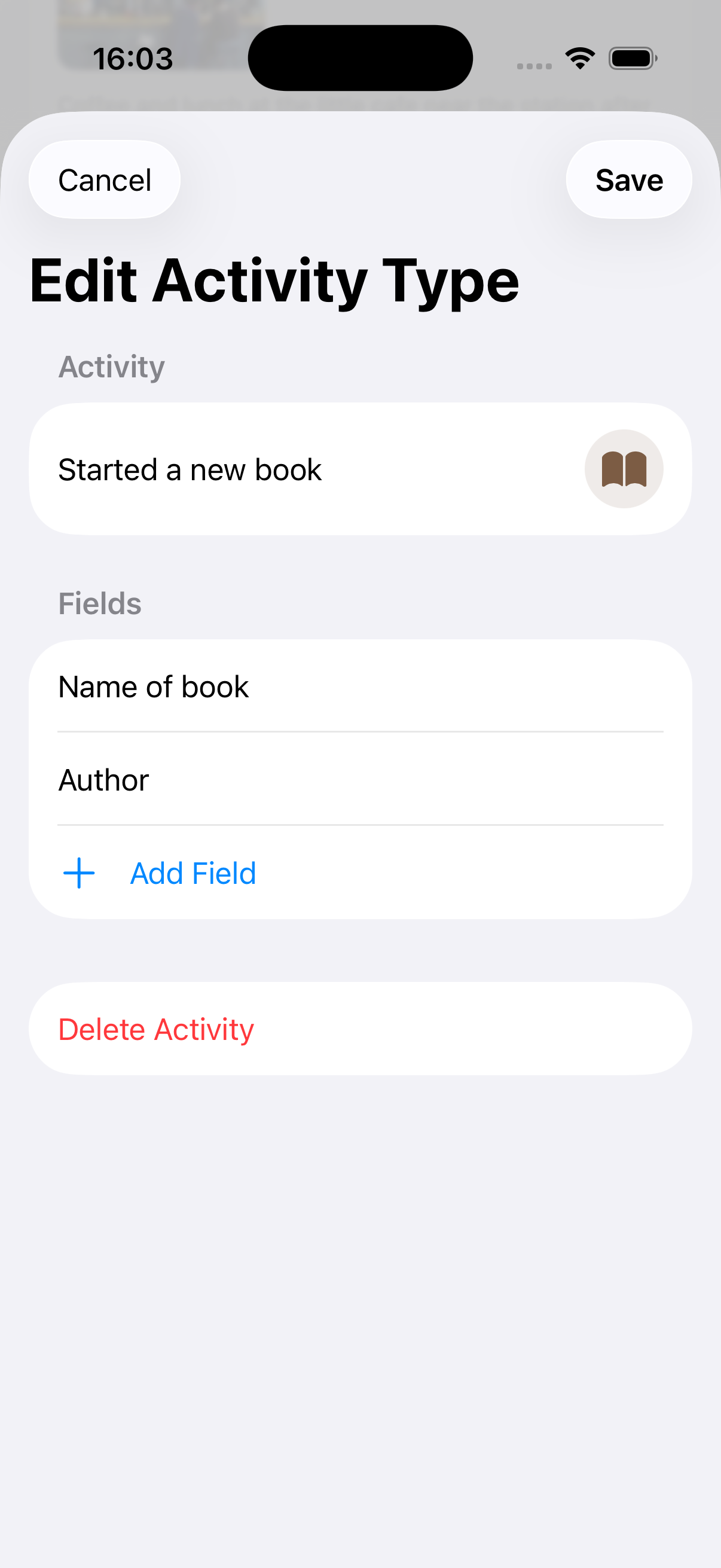 Memstone edit activity screen with a custom field