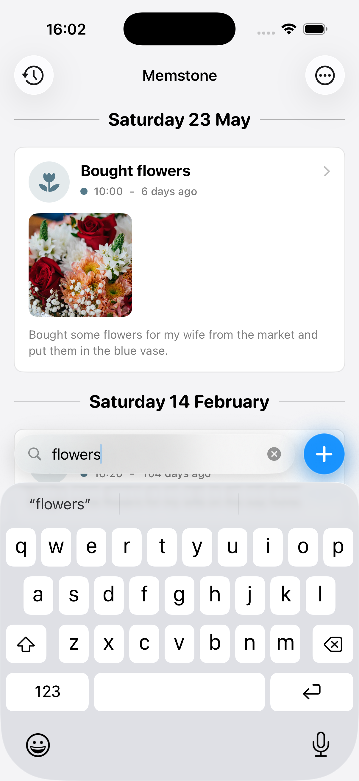 Memstone timeline with searchable activity entries