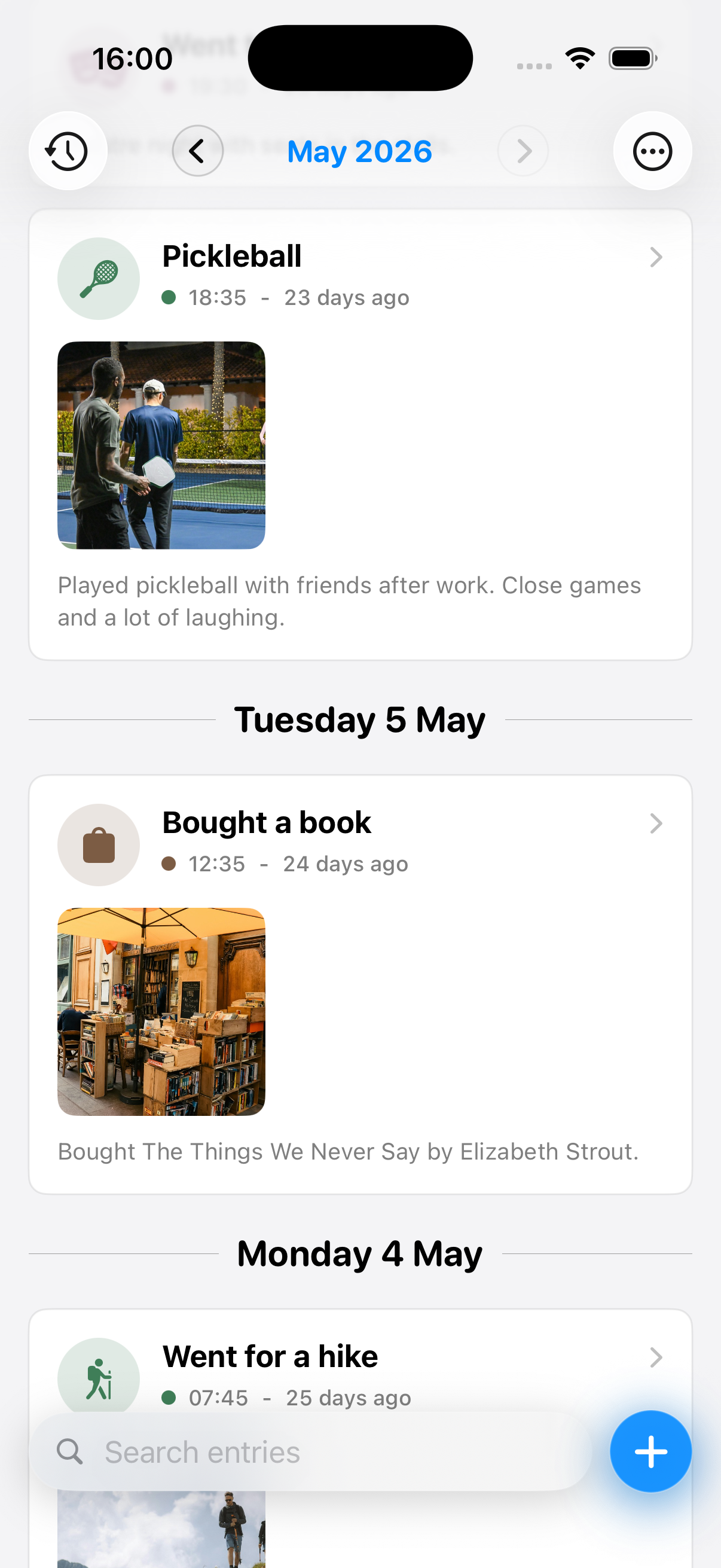 Memstone app timeline showing future entries and elapsed time